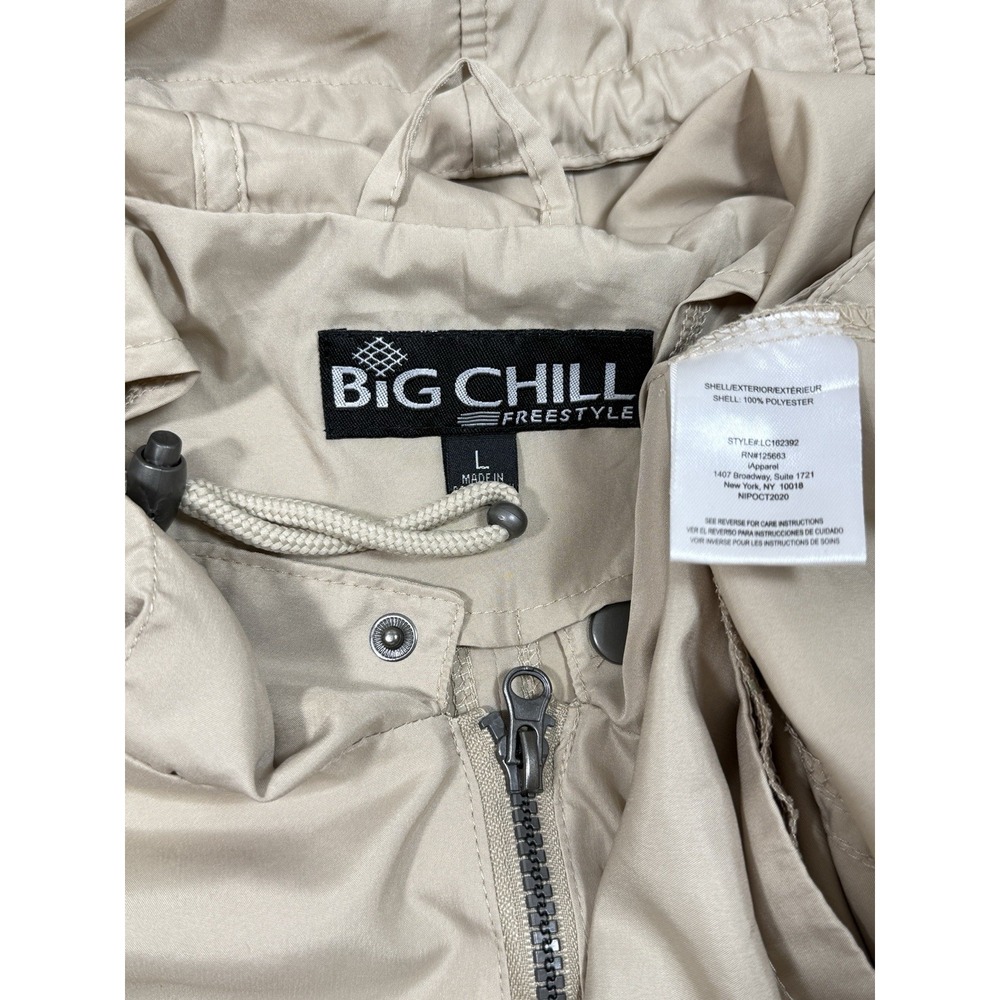 Big Chill Freestyle Tan Windbreaker Jacket Polyester Drawstring Waist Hood L - Picture 2 of 6